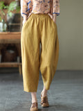 Cotton Linen Elastic Waist Solid Patchwork Women's Pants