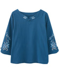 Women's Ethnic Style Peony Embroidery 3/4 Sleeve Linen Shirt