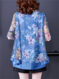 Elegant Round Neck Floral Print Smooth Chiffon Shirt for Lady