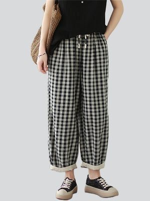 Retro Black & White Plaid Linen Casual Pants for Women