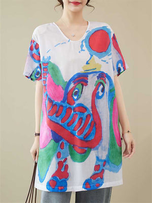 Cute Colorful Cartoon Elephant Summer Oversized Shirt for Women