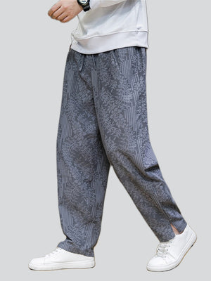 Men's Leaf Jacquard Side Slit Drawstring Casual Pants