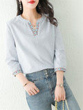 Ethnic V Neck Embroidery 3/4 Sleeve Stripe Shirt for Women