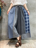 Women's Stylish Plaid Patchwork Drawstring Wide-Leg Jeans