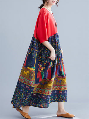 Female Ethnic Style Animal Floral Mosaic Plus Size Dresses