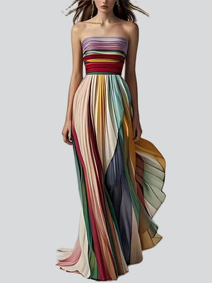 Colorful Stripe Pleated Off Shoulder Flowy Long Dress for Lady