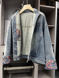 Women's Mythical Phoenix Embroidery Stand Collar Blue Denim Jacket