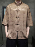 Male Chinese Style Pavilion Jacquard Smooth Button Up Shirts