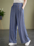 Summer High-Rise Decorative Button Elegant Lady Straight-Leg Pants