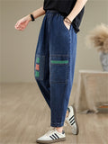 Female Two-color Patch Elastic Waist Spring Summer Jeans