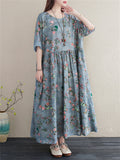 Women's Peach Blossom Print Round Neck Half Sleeve Cotton Dress