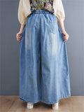 Female Trendy Washed Lace-up Wide-leg Blue Jeans