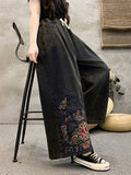 Ethnic Style Peony Embroidery Women's Wide Leg Jeans