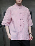 Traditional Chinese Clothing Male Knot Button Stripe Shirts