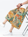 Men's Chinese Style Ancient Dragon & Crane Print Cropped Pants