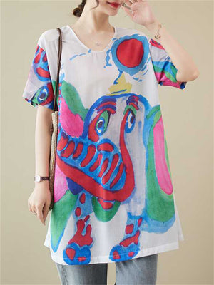 Cute Colorful Cartoon Elephant Summer Oversized Shirt for Women