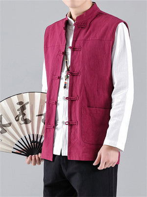 Men's Stand Collar Knot Button Patch Pocket Plain Linen Vest