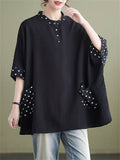 Ladies Round Neck Polka Dots Splicing Shirt with Pockets