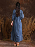 Women's Elegant V Neck Lantern Sleeve Pleated Denim Dress