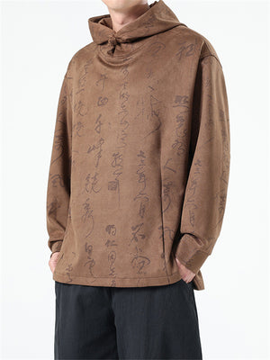 Men's Oracle Bone Script Faux Suede Hoodies