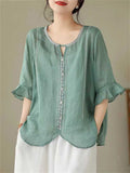 Ethnic Style Round Neck Ruffle Sleeve Transparent Shirt for Women