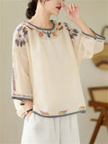 Ladies Ethnic Style Floral Embroidery Round Neck Shirts