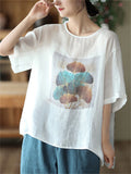 Women's Ginkgo Leaf Printed Round Collar Short Sleeve Shirt