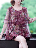 Elegant Round Neck Floral Print Smooth Chiffon Shirt for Lady