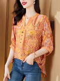 Retro Orange Paisley Print V Neck Half Sleeve Shirt for Women