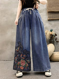 Ethnic Style Peony Embroidery Women's Wide Leg Jeans