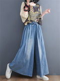 Female Trendy Washed Lace-up Wide-leg Blue Jeans