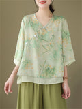 Women's Chinese Style V-Neck Double-Layer Floral Shirts