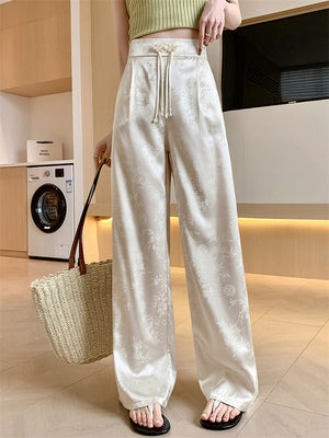 Female Bamboo Leaf Jacquard Satin Wide-Leg Pants