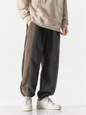 Men's Oversized Contrasting Color Ankle-tied Lamb Wool Pants