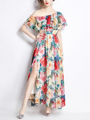 Women's Flourishing Flowers Pattern Chiffon Off-Shoulder Dress