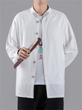 Men's Casual Embroidery Stand Collar Linen Long Sleeve Shirt