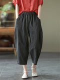 Cotton Linen Elastic Waist Solid Patchwork Women's Pants