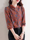 Women's Ruffled Collar Print Decorative Button Faux Silk Shirt