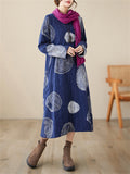 Lady Ethnic Style Polka Dot Fleece-lined Winter Cotton Linen Dress