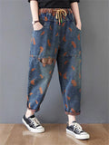 Women's Orange Feather Chic Splicing Blue Denim Pants