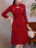 Chinese Style Wine Red Knee Length Jacquard Qipao