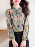 Women's Ginkgo Leaf Print Pleated Collar Long Sleeve Retro Green Shirt