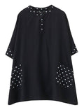 Ladies Round Neck Polka Dots Splicing Shirt with Pockets