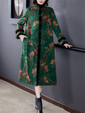 Women's Luxury Faux Fur Stand Collar Button Flower Print Long Coat