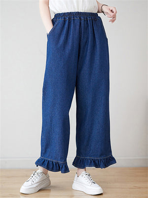 Women's Ruffled Leg Cuff Blue Straight Leg Jeans