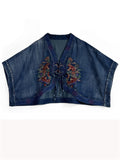 Ethnic Floral Embroidery Female Half Sleeve Denim Jacket