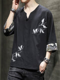 Men's Retro White Crane Embroidery V Neck 3/4 Sleeve Shirt