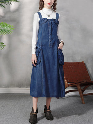 Women's Stylish Blue Denim A-Line Dungaree Dress