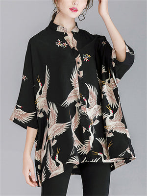 Women's Crane Floral Printing 3/4 Sleeve Oversized Shirts