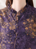 Women's Gold Floral Print Stand Collar Long Sleeve Purple Shirt